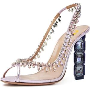 imageFSJ Women Clear Rhinestone Peep Toe Slingback Pumps Chunky Block High Heel Sparkling Crystal Slip On Party Dance Sexy Dress Shoes Size 416 USLilac