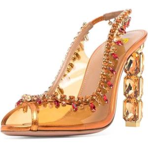 imageFSJ Women Clear Rhinestone Peep Toe Slingback Pumps Chunky Block High Heel Sparkling Crystal Slip On Party Dance Sexy Dress Shoes Size 416 USOrange Gold