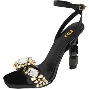 imageFSJ Women Colored Diamond Heel Sandals Square Open Toe Ankle Strap Special Jewel Chunky High Heel Sandals Party Shopping Holiday Shoes Size 416 USBlack