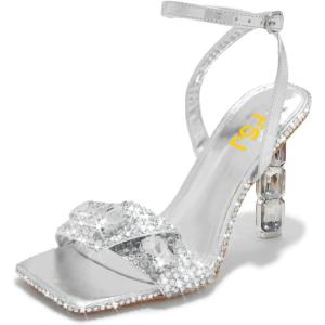 imageFSJ Women Colored Diamond Heel Sandals Square Open Toe Ankle Strap Special Jewel Chunky High Heel Sandals Party Shopping Holiday Shoes Size 416 USSilver
