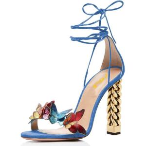 imageFSJ Women Gold Metal Chain Chunky High Heel Sexy Open Toe Butterfly One Strap Lace Up Sandals Party Prom Dressy Shoes Size 415 USBlue