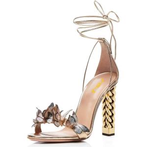 imageFSJ Women Gold Metal Chain Chunky High Heel Sexy Open Toe Butterfly One Strap Lace Up Sandals Party Prom Dressy Shoes Size 415 USGold