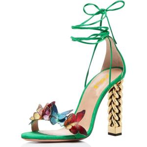 imageFSJ Women Gold Metal Chain Chunky High Heel Sexy Open Toe Butterfly One Strap Lace Up Sandals Party Prom Dressy Shoes Size 415 USGreen