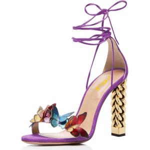 imageFSJ Women Gold Metal Chain Chunky High Heel Sexy Open Toe Butterfly One Strap Lace Up Sandals Party Prom Dressy Shoes Size 415 USPurple