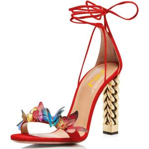 imageFSJ Women Gold Metal Chain Chunky High Heel Sexy Open Toe Butterfly One Strap Lace Up Sandals Party Prom Dressy Shoes Size 415 USRed