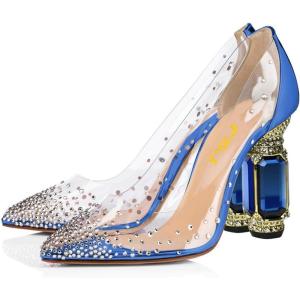 imageFSJ Women High Crystal Chunky Heel Transparent PVC Pumps Rhinestones 105mm Clear Heels Pointed Closed Toe Slip On Pump Bridal Wedding Party Dress Shoes Size 416 USBlue