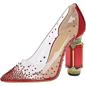 imageFSJ Women High Crystal Chunky Heel Transparent PVC Pumps Rhinestones 105mm Clear Heels Pointed Closed Toe Slip On Pump Bridal Wedding Party Dress Shoes Size 416 USRed