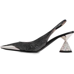 imageFSJ Women Pointed Toe Rhinestone Cone Low Heel Slingback Pumps Slip On Comfortable Ladies Satin Dancing Shoes Size 415 USBlack