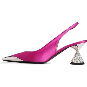 imageFSJ Women Pointed Toe Rhinestone Cone Low Heel Slingback Pumps Slip On Comfortable Ladies Satin Dancing Shoes Size 415 USHot Pink