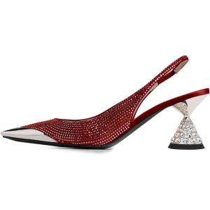 imageFSJ Women Pointed Toe Rhinestone Cone Low Heel Slingback Pumps Slip On Comfortable Ladies Satin Dancing Shoes Size 415 USRed