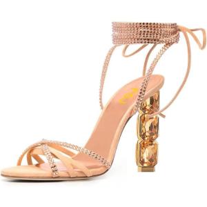 imageFSJ Women Rhinestones Strappy Jeweled Beaded Chunky High Heel Laceup Sandals Open Toe Ankle Strap Block Heel Sparkly Party Evening Dress Shoes Size 416 USGold