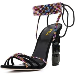 imageFSJ Women Rhinestones Strappy Jeweled Beaded Chunky High Heel Laceup Sandals Open Toe Ankle Strap Block Heel Sparkly Party Evening Dress Shoes Size 416 USBlackcolorful
