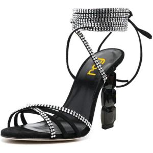 imageFSJ Women Rhinestones Strappy Jeweled Beaded Chunky High Heel Laceup Sandals Open Toe Ankle Strap Block Heel Sparkly Party Evening Dress Shoes Size 416 USBlack