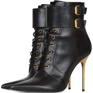 imageFSJ Women Sexy Pointed Toe Stiletto High Heel Ankle Boots Lace Up Back Zipper Comfortable Casual Mid Calf Boots Size 415 USBlack