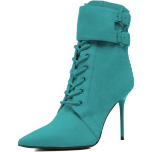 imageFSJ Women Sexy Pointed Toe Stiletto High Heel Ankle Boots Lace Up Back Zipper Comfortable Casual Mid Calf Boots Size 415 USBlue