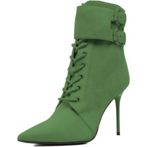 imageFSJ Women Sexy Pointed Toe Stiletto High Heel Ankle Boots Lace Up Back Zipper Comfortable Casual Mid Calf Boots Size 415 USGreen
