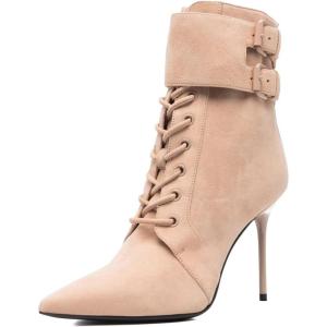 imageFSJ Women Sexy Pointed Toe Stiletto High Heel Ankle Boots Lace Up Back Zipper Comfortable Casual Mid Calf Boots Size 415 USPink