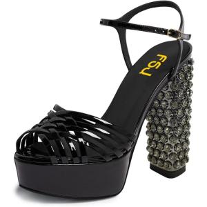 imageFSJ Women Strappy Platform Chunky High Heel Sandals Peep toe Special Rhinestone Heel Ankle Strap Buckle Pumps Shoes Size 415 USBlack