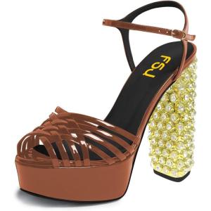 imageFSJ Women Strappy Platform Chunky High Heel Sandals Peep toe Special Rhinestone Heel Ankle Strap Buckle Pumps Shoes Size 415 USBrown