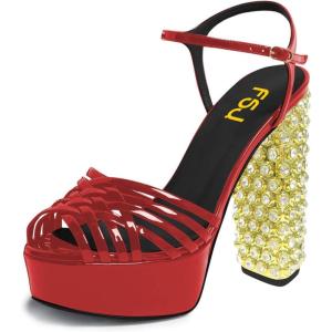 imageFSJ Women Strappy Platform Chunky High Heel Sandals Peep toe Special Rhinestone Heel Ankle Strap Buckle Pumps Shoes Size 415 USRed