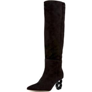 imageFSJ Women Trendy Pointed Toe Medium Chain Heel Knee High Boots Stretch Faux Suede Side Zipper Evening Work Stylish Outfit Shoes Size 416 USBlack