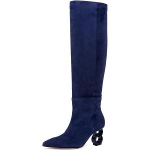 imageFSJ Women Trendy Pointed Toe Medium Chain Heel Knee High Boots Stretch Faux Suede Side Zipper Evening Work Stylish Outfit Shoes Size 416 USBlue