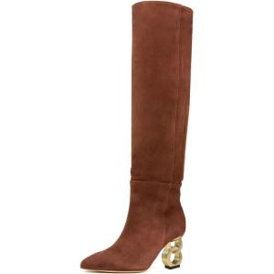 imageFSJ Women Trendy Pointed Toe Medium Chain Heel Knee High Boots Stretch Faux Suede Side Zipper Evening Work Stylish Outfit Shoes Size 416 USBrown