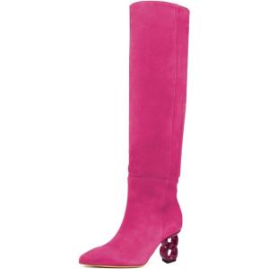 imageFSJ Women Trendy Pointed Toe Medium Chain Heel Knee High Boots Stretch Faux Suede Side Zipper Evening Work Stylish Outfit Shoes Size 416 USDeep Pink