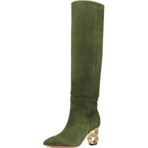 imageFSJ Women Trendy Pointed Toe Medium Chain Heel Knee High Boots Stretch Faux Suede Side Zipper Evening Work Stylish Outfit Shoes Size 416 USOlive Green