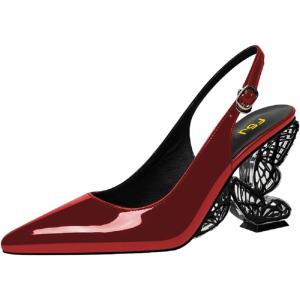 imageFSJ Women Chic Pointed Toe Butterfly High Heel Slingback Pumps Special Slip On Ankle Strap Ladies Party Wedding Dress Shoes Size 416 USRed