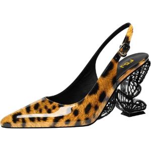 imageFSJ Women Chic Pointed Toe Butterfly High Heel Slingback Pumps Special Slip On Ankle Strap Ladies Party Wedding Dress Shoes Size 416 USYellow Leopard Print