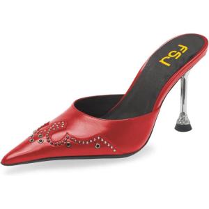imageFSJ Women Gorgeous Studded Pointed Toe Mules Stiletto High Heel Slip On Ladies Casual Dress Slipper Shoes Size 415 USRed