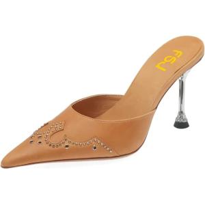 imageFSJ Women Gorgeous Studded Pointed Toe Mules Stiletto High Heel Slip On Ladies Casual Dress Slipper Shoes Size 415 USSandy Brown