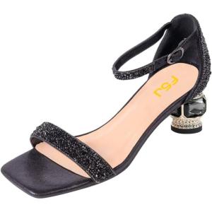 imageFSJ Women Rhinestone Block Low Heel Sandals Square Open Toe Ankle Strap Chunky Heeled Sandals Wedding Dress Sparkly Bridal Prom Shoes Size 416 USBlack