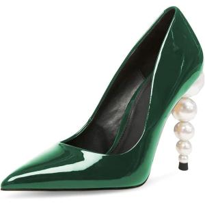 imageFSJ Slip On Pearl Beaded High Heel Slip On Pump Pointed Toe Mirror Effect Classic Party Club Shoe for Women 415 USGreen