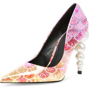 imageFSJ Slip On Pearl Beaded High Heel Slip On Pump Pointed Toe Mirror Effect Classic Party Club Shoe for Women 415 USOrangepurple