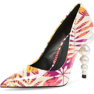 imageFSJ Slip On Pearl Beaded High Heel Slip On Pump Pointed Toe Mirror Effect Classic Party Club Shoe for Women 415 USPink Leaves