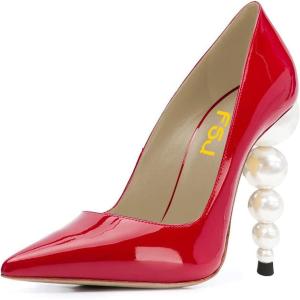imageFSJ Slip On Pearl Beaded High Heel Slip On Pump Pointed Toe Mirror Effect Classic Party Club Shoe for Women 415 USRed