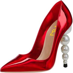 imageFSJ Slip On Pearl Beaded High Heel Slip On Pump Pointed Toe Mirror Effect Classic Party Club Shoe for Women 415 USRed Mirror