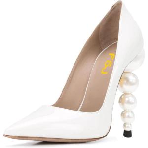 imageFSJ Slip On Pearl Beaded High Heel Slip On Pump Pointed Toe Mirror Effect Classic Party Club Shoe for Women 415 USWhite