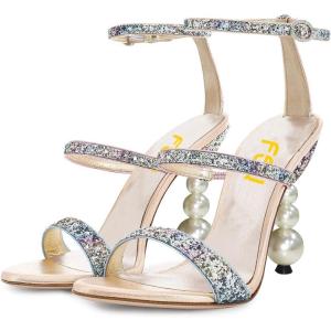 imageFSJ Women Elegant Open Toe Heeled Sandals Pearls Beaded High Heels Sexy Strappy Gladiator Shiny Rhinestone Ankle Strap Wedding Evening Party Dress Shoes Size 415 USGlitter