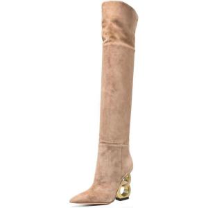 imageFSJ Women Trendy Pointed Toe Chain High Heel Over The Knee Boots Stretch Pull On Ladies Fashion Winter Warm Long Boots Size 416 USApricot