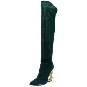 imageFSJ Women Trendy Pointed Toe Chain High Heel Over The Knee Boots Stretch Pull On Ladies Fashion Winter Warm Long Boots Size 416 USDark Green