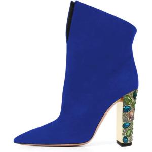 imageFSJ Women Graceful Pointed Toe High Heel Ankle Booties Handmade Suede Crystal Gem Chunky Heel Comfortable Slip On Dress Ankle Boots Size 415 USBlue