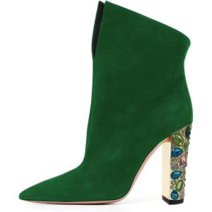 imageFSJ Women Graceful Pointed Toe High Heel Ankle Booties Handmade Suede Crystal Gem Chunky Heel Comfortable Slip On Dress Ankle Boots Size 415 USGreen