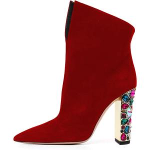 imageFSJ Women Graceful Pointed Toe High Heel Ankle Booties Handmade Suede Crystal Gem Chunky Heel Comfortable Slip On Dress Ankle Boots Size 415 USRed