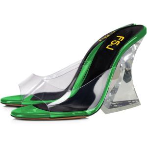 imageFSJ Women Graceful Transparent Peep Toe Mules Special Chunky High Heel Slip On Summer Casual Ladies Shoes Size 415 USGreen