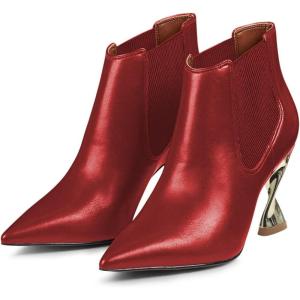 imageFSJ Women Pointed Toe Elastic Ankle Boots Special Distorted High Heel Pull On Fashion Modern Walking Shoes Size 415 USRed