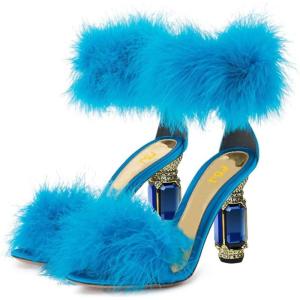 imageFSJ Women Unique Open Toe Fur Fur Sandals Crystal Chunky High Heel Ankle Strap Ladies Wedding Party Prom Dress Shoes Size 416 USBlue