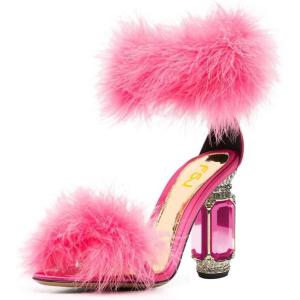 imageFSJ Women Unique Open Toe Fur Fur Sandals Crystal Chunky High Heel Ankle Strap Ladies Wedding Party Prom Dress Shoes Size 416 USHot Pink